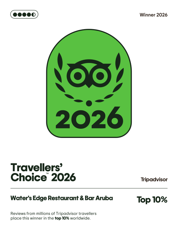 Tripadvisor Travellers' Choice 2026 - Water's Edge Restaurant & Bar Aruba, top 10% worldwide